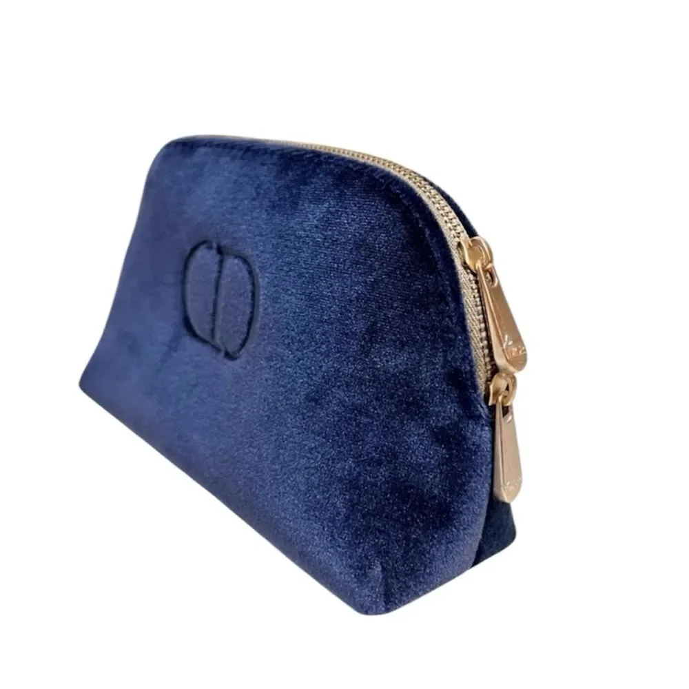 DIOR NEW Trousse Pouch Make Up Bag Navy Blue Velvet CD Logo Gold Zipper Trim